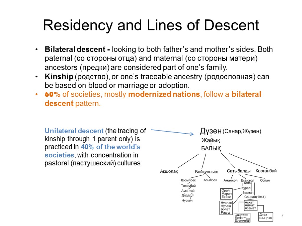 7 Residency and Lines of Descent Bilateral descent - looking to both father’s and